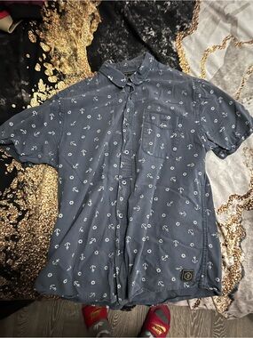 Light navy Short-Sleeve Button-Up Shirt with White Anchor Print